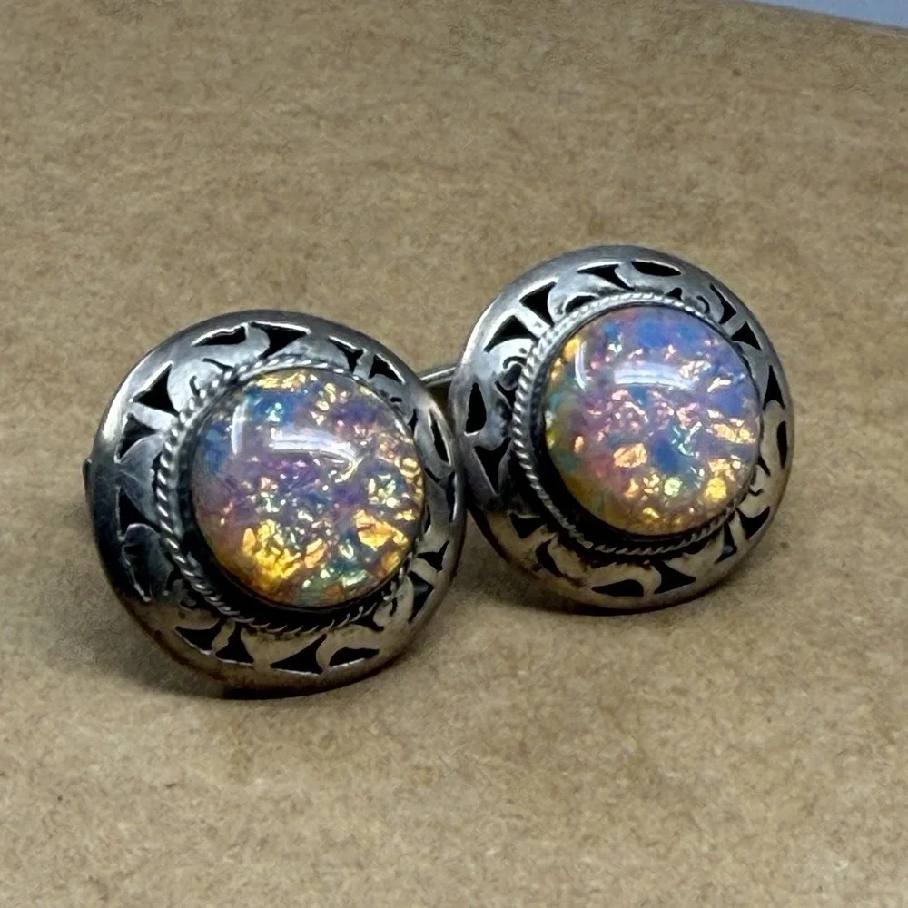 Vintage Sterling Silver Cufflinks Dragon's Breath Glass Cabochon Openwork